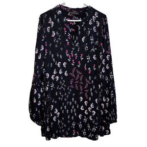 Plus Size Tunic Top Blouse Shirt Size Crochet Trim Y Neck Dark Floral 18-20 1X